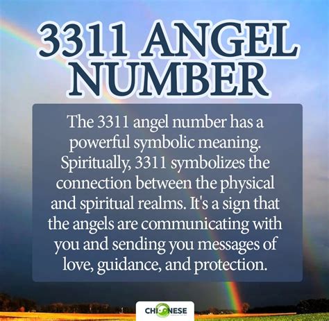 Sep 18, 2022 · Angel number 3311 is a powerful sign of blessing. It means that you are under the protection and guidance of the angels. They are showering you with their love and support, and are helping you to achieve your goals. The angels are urging you to stay positive and optimistic, and to keep your focus on your goals. 